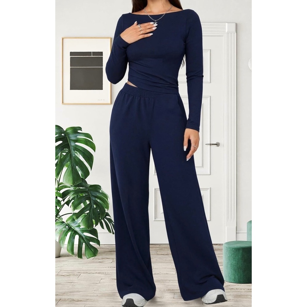 Navy Blue 2 Piece Lounge Set Long Sleeve Crop Top Wide Leg Pants Womens Navy